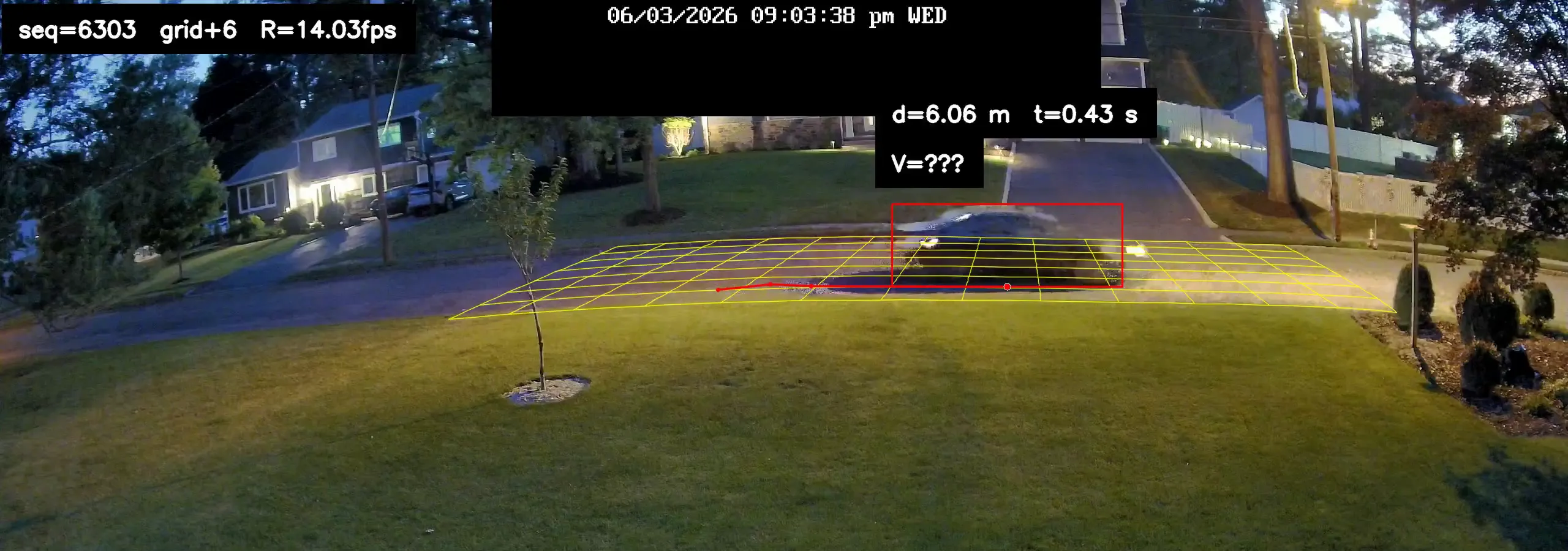 A frame from a new clip at dusk. A car crosses the yellow measurement grid on the road with a red bounding box and trail. Top left, the burned-in header reads seq=6303, grid+6, R=14.03fps. Top center, the camera wallclock reads 06/03/2026 09:03:38 pm WED. Above the car, the stats label reads d=6.06 m, t=0.43 s. Six frames since grid entry divided by 14.03 fps is exactly the 0.43 seconds shown.