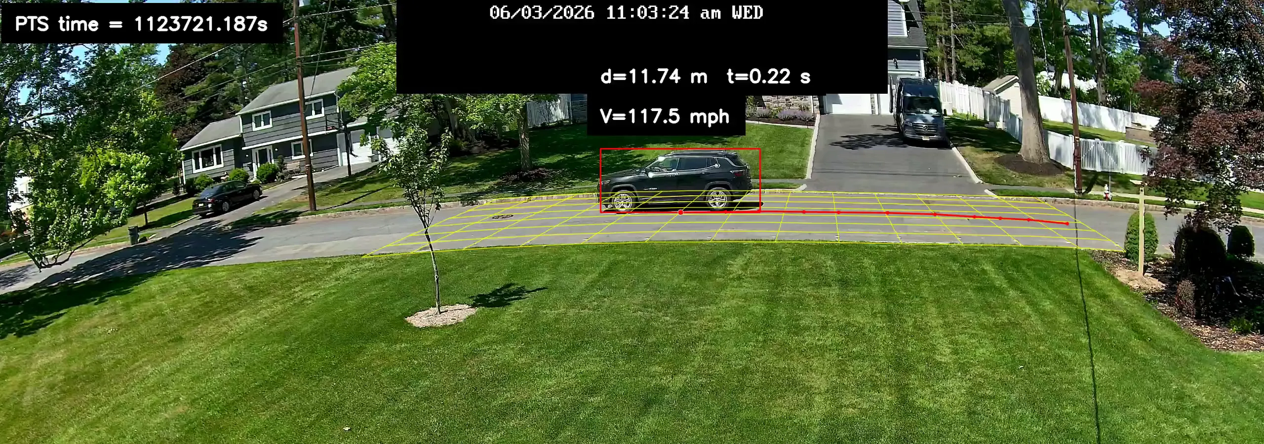 A frame from a recorded clip of a residential street in daylight. A dark SUV crosses the yellow measurement grid burned onto the road, outlined in red with a red trail of its tracked path. Top left, a burned-in label reads PTS time = 1123721.187s. Top center, the camera's wallclock reads 06/03/2026 11:03:24 am WED. Above the car, the stats label reads d=11.74 m, t=0.22 s, V=117.5 mph.